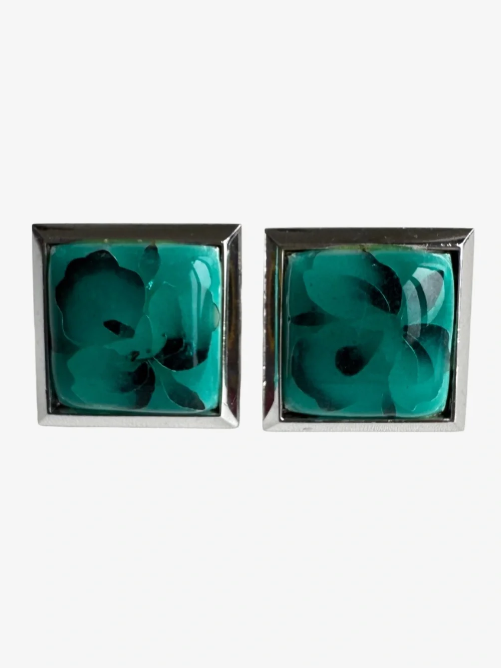 Vintage Cloisonne Enamel Cufflinks Green Floral Silver Tone Square Mens Gift